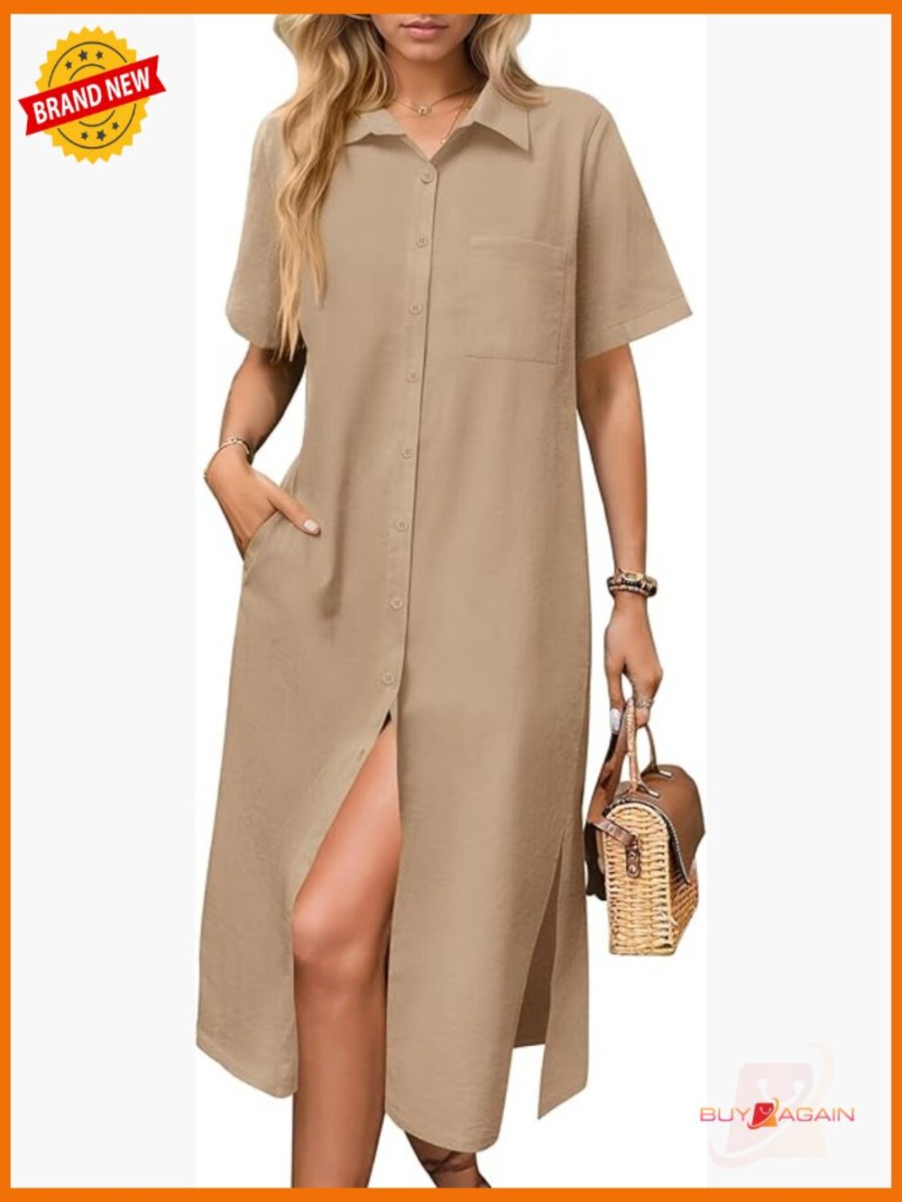 Midi Shirt Dress Short Sleeve Button Down Loose Fit with Pockets